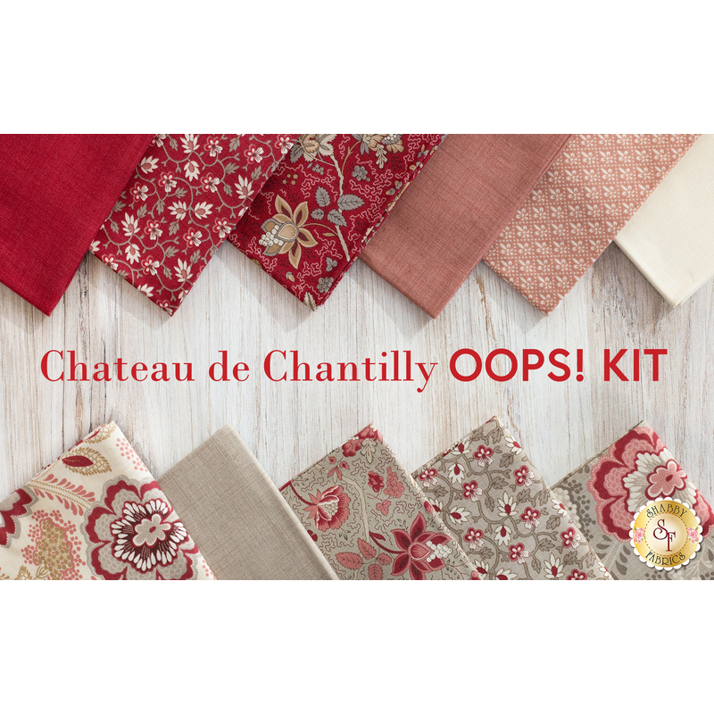 An image of a Chateau de Chantilly Patchwork BOM Oops Kit with beautiful cream, pink and red fabrics.