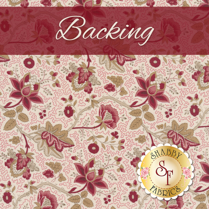 Cream fabric with red and beige floral patterns and intricate vining details all over with a red banner at the top that reads 
