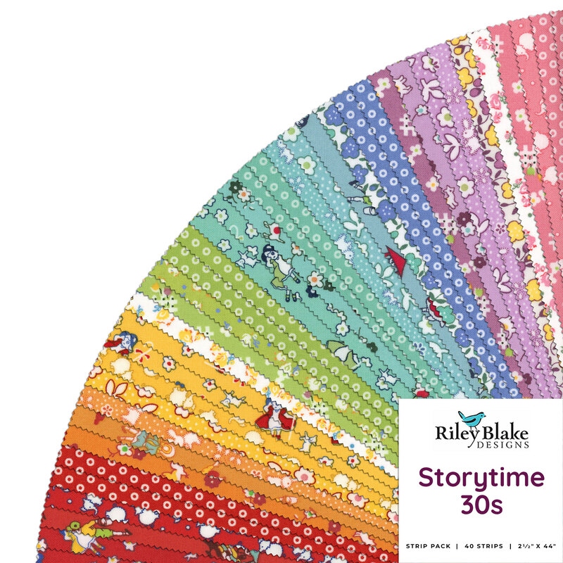 Graphic showcasing the 42 fabric strips from Storytime 30s, fanned out in rainbow order