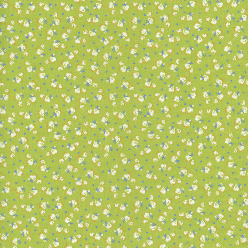 Ditsy duck and duckling print, with color pops in white, orange, and light blue, on a lime green background.