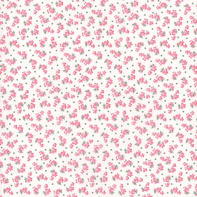 Ditsy duck and duckling print, with the ducks in pink and color pops of green on a white background.