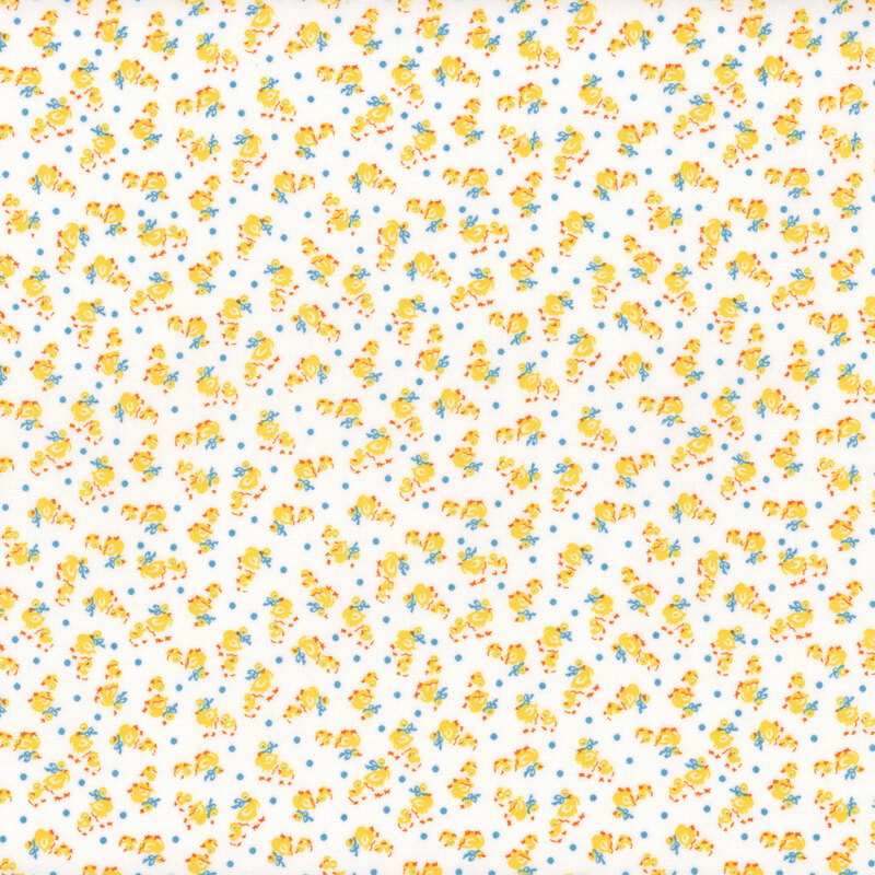 Ditsy duck and duckling print; the ducks are a classic yellow, with color pops of orange and blue on a white background.
