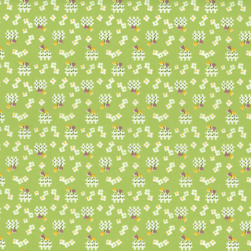 Ditsy print with white picket fences and color pops in white, yellow, purple, and black on a lime green background.