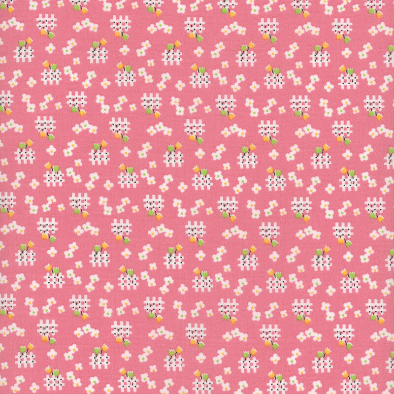 Ditsy print with white picket fences and color pops in white, yellow, lime green, and black on a bubblegum pink background.