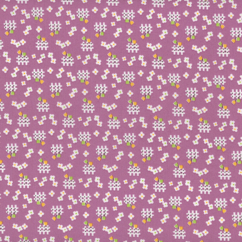 Ditsy print with white picket fences and color pops in white, yellow, lime green, and black on a purple background.