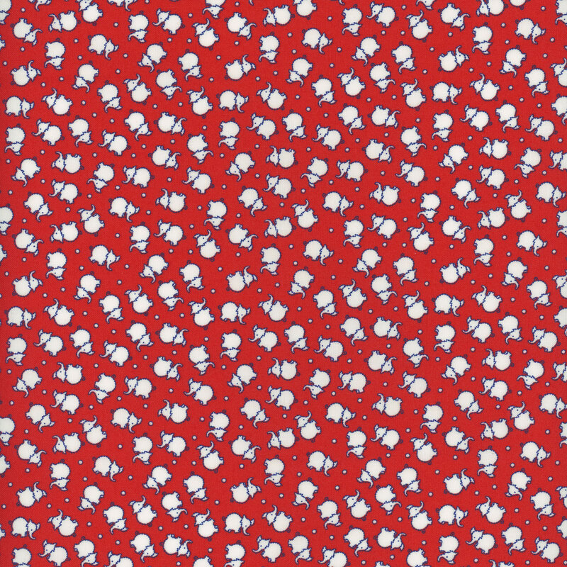 Ditsy white elephants, outlined in blue, scattered over a primary red background.