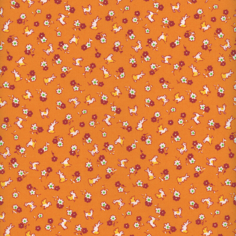 Ditsy print featuring miniature cats, bunnies, and chickens, with color pop accents of red, yellow, and green, tossed with flowers on an orange background.