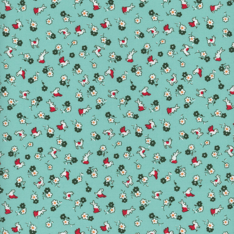 Ditsy print featuring miniature cats, bunnies, and chickens, with color pop accents of red, white, and dark teal, tossed with flowers on a teal background.