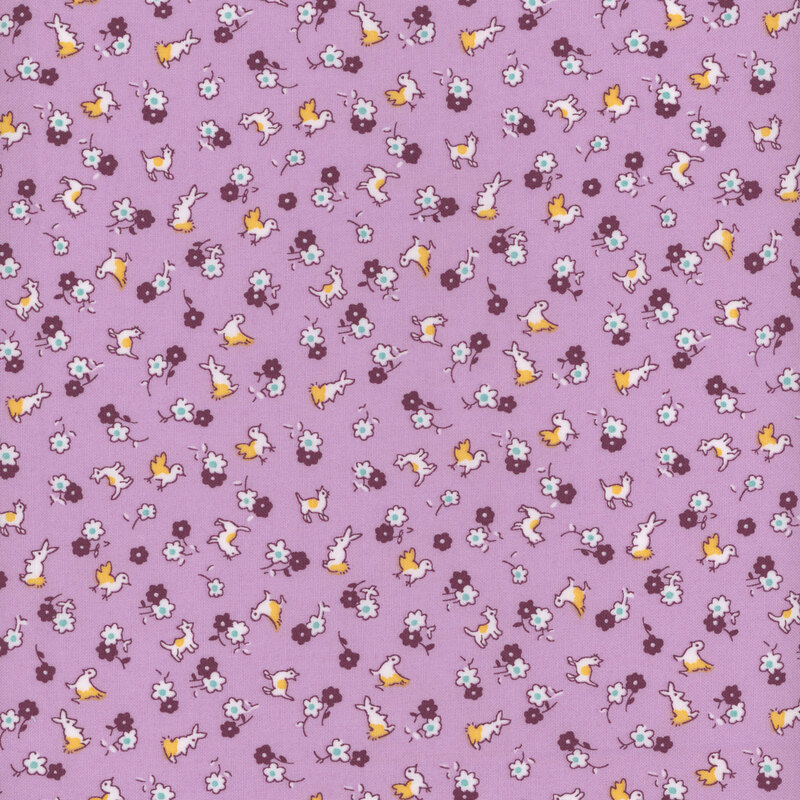 Ditsy print featuring miniature cats, bunnies, and chickens, with color pop accents of yellow, white, and dark purple, tossed with flowers on a purple background.