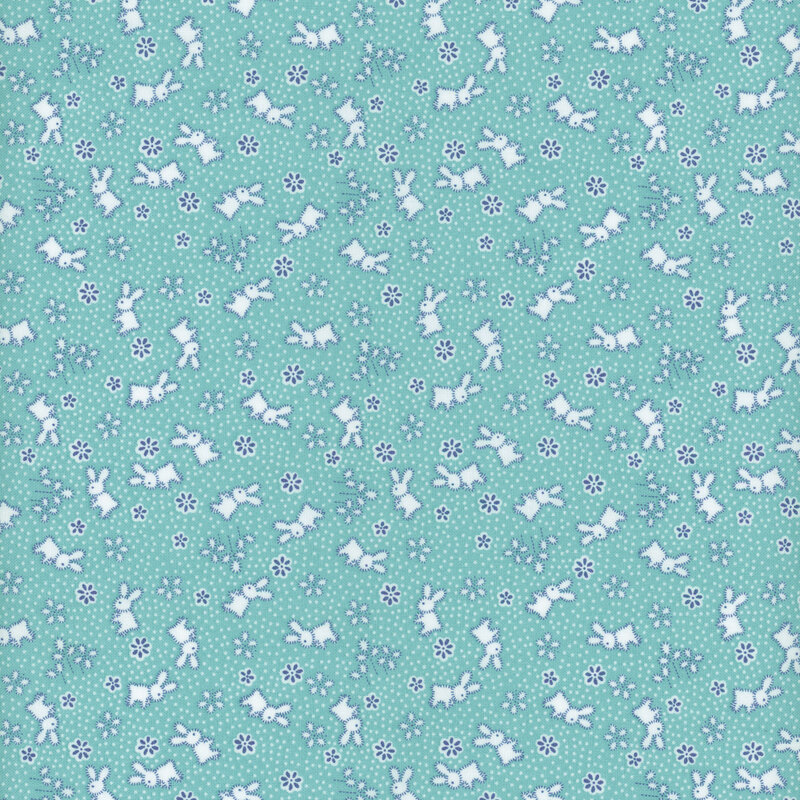 Ditsy print of little white fluffy bunnies on a teal background, tossed with flowers and polka dots.