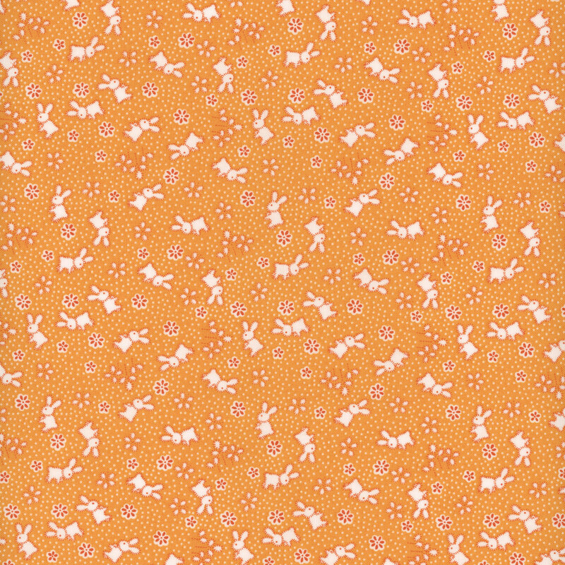 Ditsy print of little white fluffy bunnies on an orange background, tossed with flowers and polka dots.