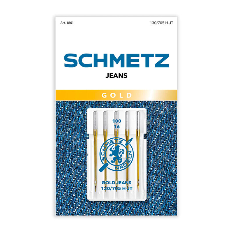 A 5 pack of Schmetz Gold Jeans/Denim Needles in size 100/16