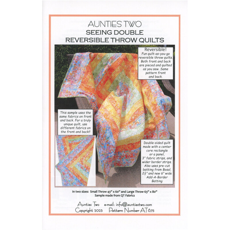 Front of Aunties Two Seeing Double Reversible Throw Quilt Pattern displaying a reversible quilt in a bright array of colors