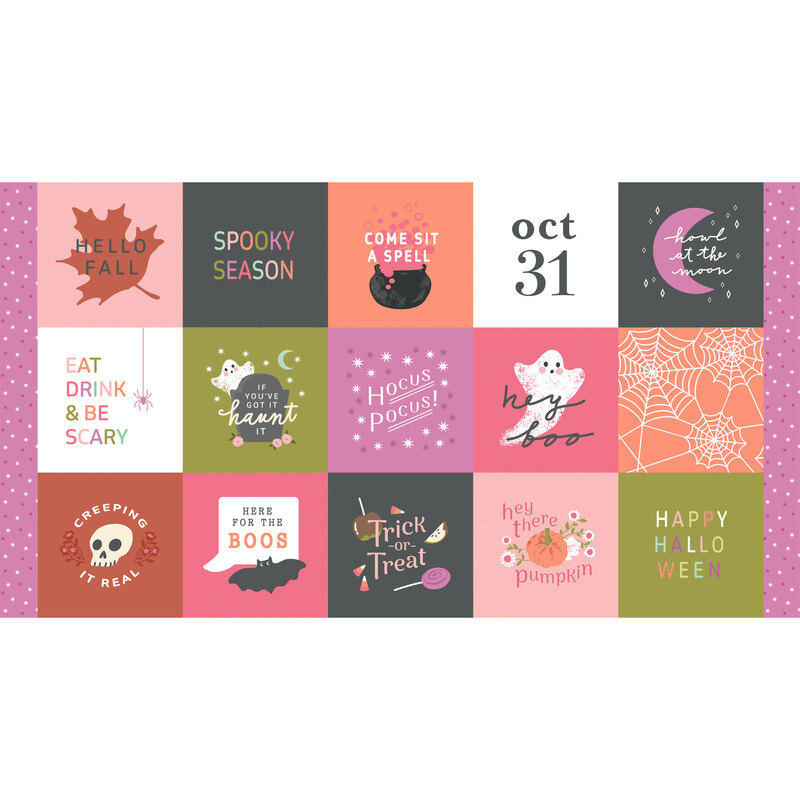 Digital image of the brightly colored Hey Boo Panel, with various Halloween themed sayings with accompanying cute artwork, in shades of pink, orange, green, purple, white, and black
