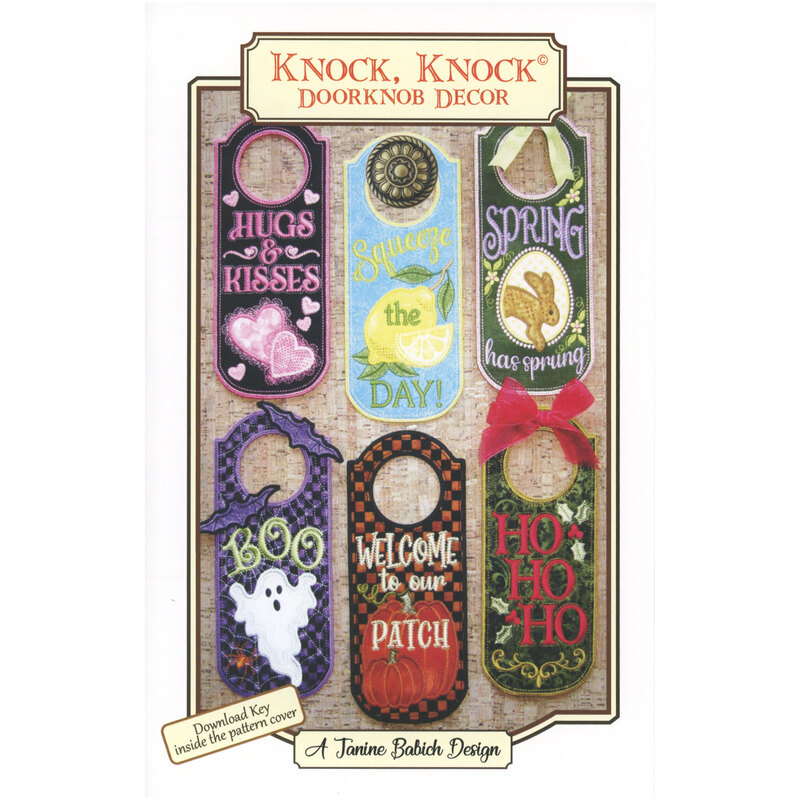 Front cover of Knock, Knock pattern with six examples of machine embroidered doorknob hangers