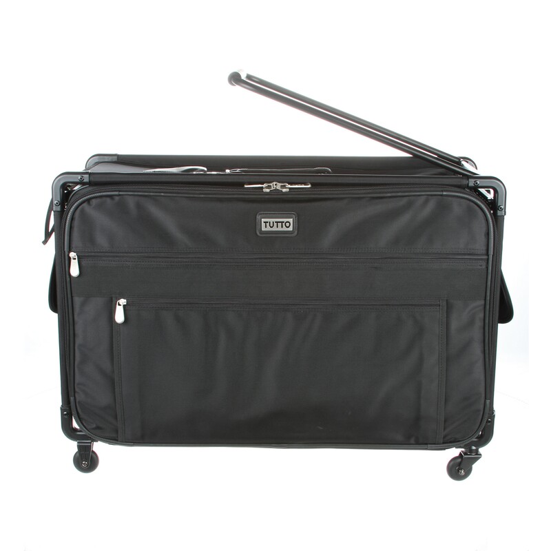 Black rolling travel bag with a telescoping handle and multiple zippered pockets.