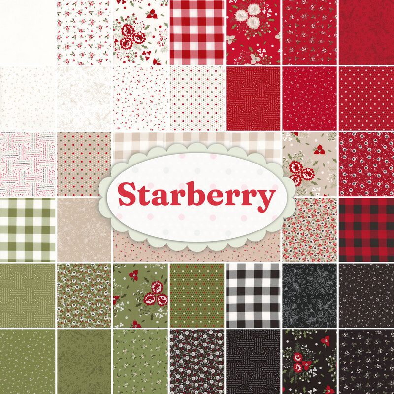 collage of all starberry fabrics, in shades of red, green, white, tan, and black