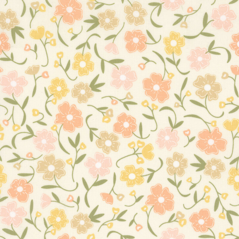 Swatch of cream fabric with tossed flowers in pastel spring colors
