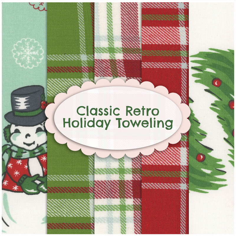 collage of classic retro holiday toweling fabrics, in a red, green, and white plaid, an aqua and white snowman scene, and alternating christmas trees