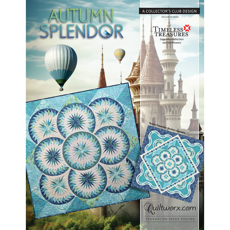 Front of Autumn Splendor pattern, a cloudlike kaleidoscope of blues, whites, and aquas