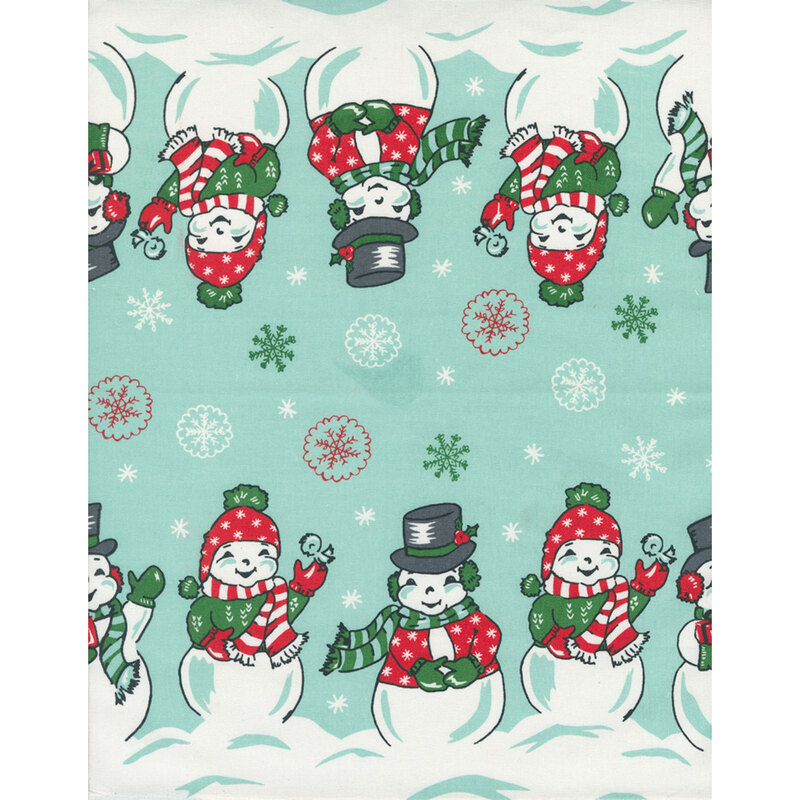 lovely aqua toweling fabric featuring a vintage snowman design along the top and bottom of the fabric, with fun snowflakes floating between