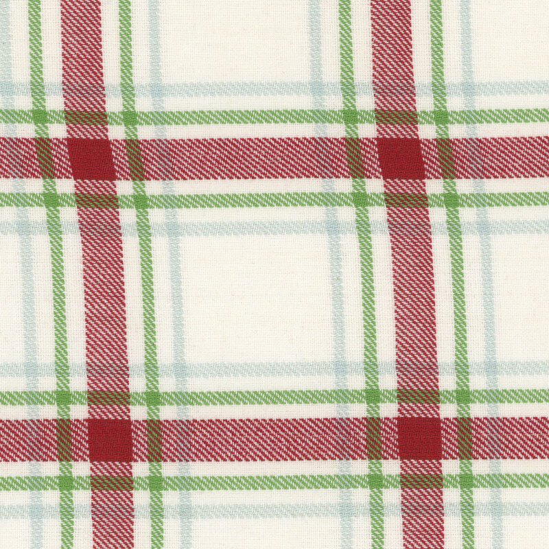 lovely white toweling fabric featuring a classic plaid design with lines in light blue, green, and red