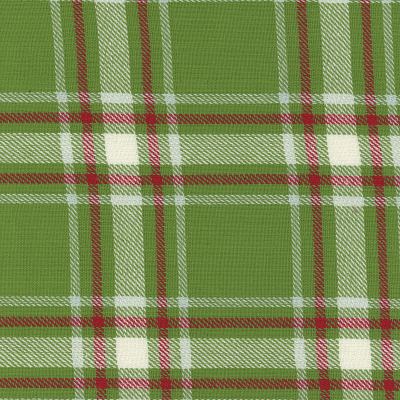 lovely green toweling fabric featuring a classic plaid design with lines in white and red