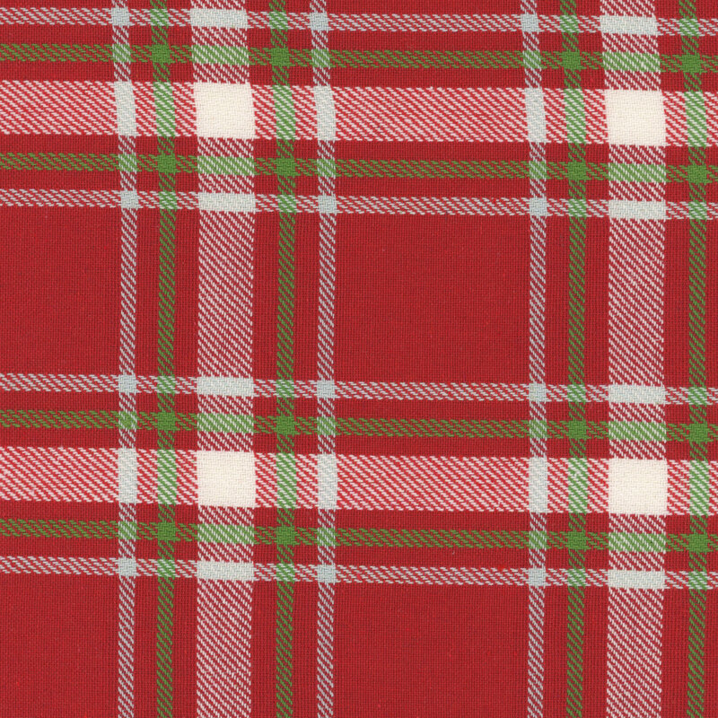 lovely red toweling fabric features a classic plaid design with lines in white and green