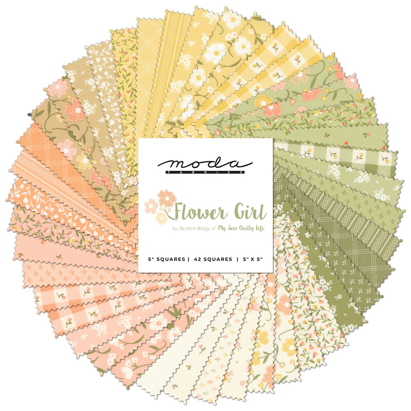 Collage of all fabrics included in the Flower Girl charm pack, featuring different floral prints and in lovely pastel shades of white, green, yellow, and pink