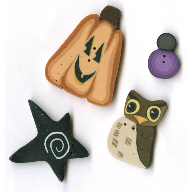 Sew Spooky button pack with four clay buttons: a pumpkin, star, owl, and little spider!