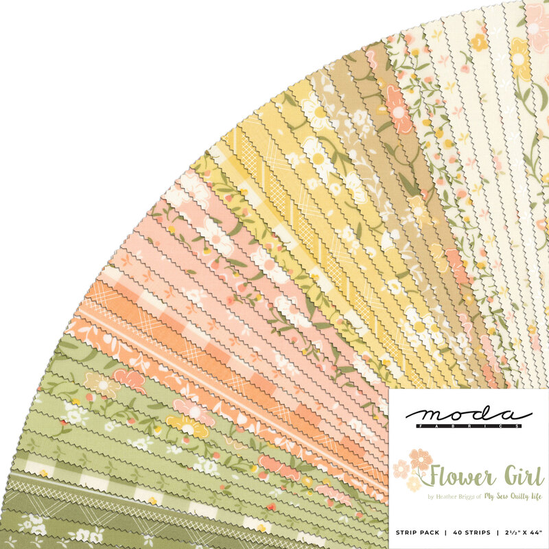Collage of all fabrics included in the Flower Girl jelly roll, featuring different floral prints and in lovely pastel shades of white, green, yellow, and pink