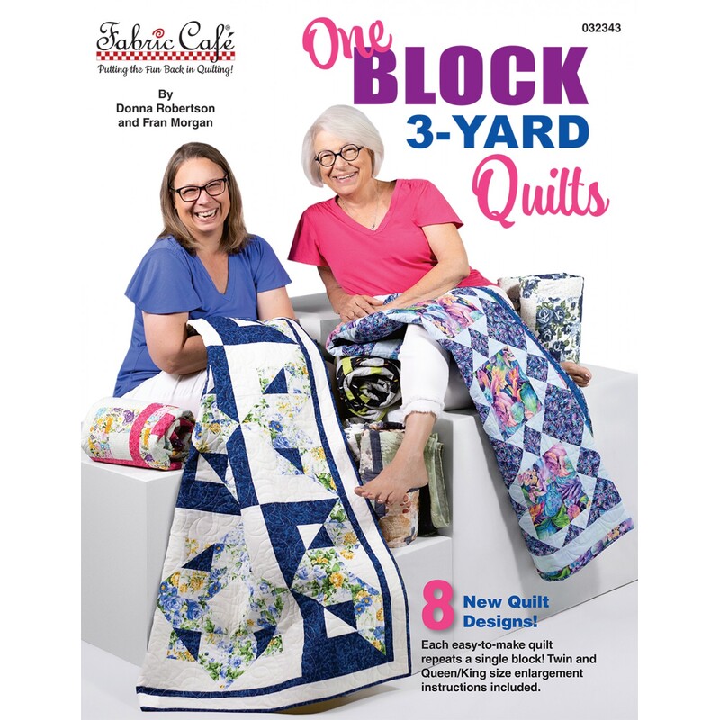 Front of One Block 3-YardQuilts pattern book with two smiling people sitting with quilts
