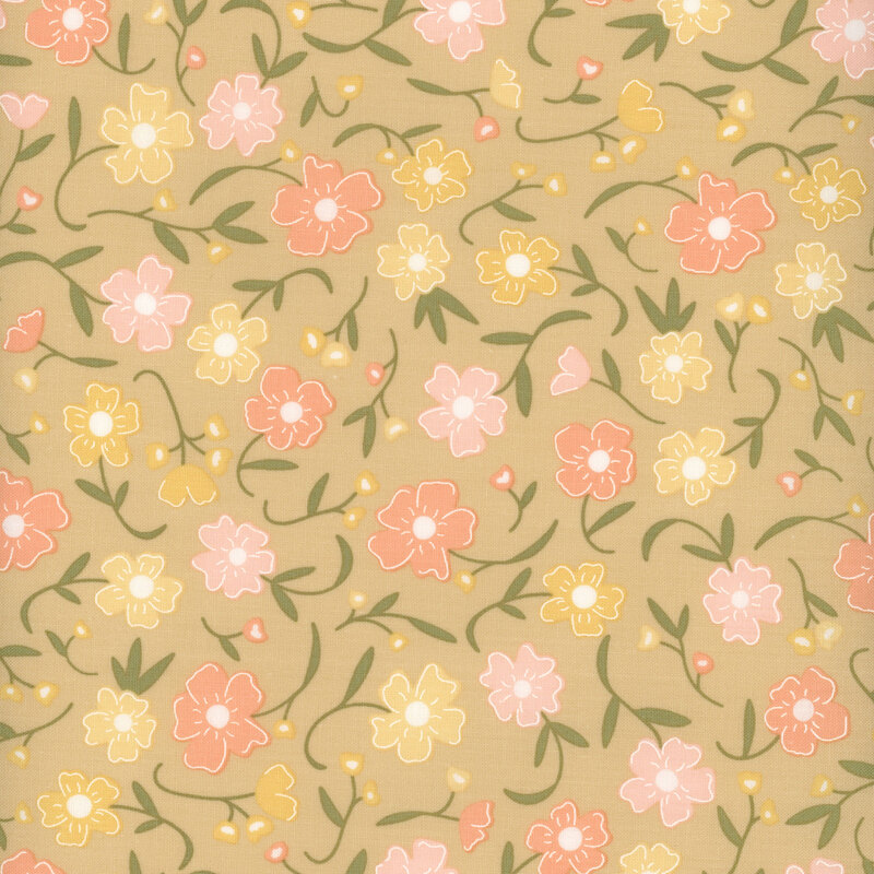 Swatch of tan fabric with tossed flowers in pastel spring colors