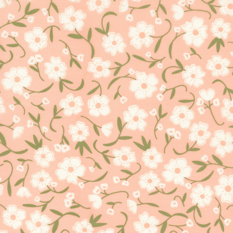 Swatch of light pink fabric with tossed white flowers