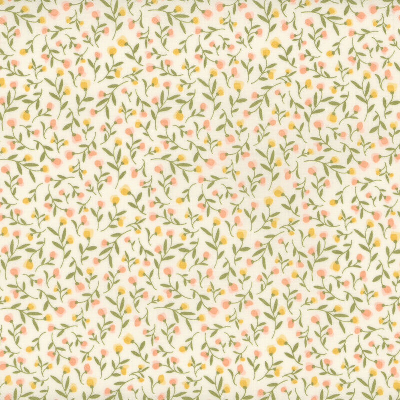 Swatch of warm white fabric with packed flowers in pastel spring colors