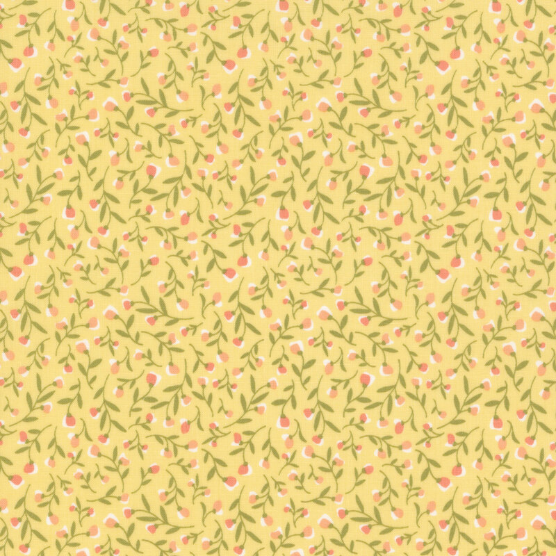 Swatch of light yellow fabric with packed pastel flowers