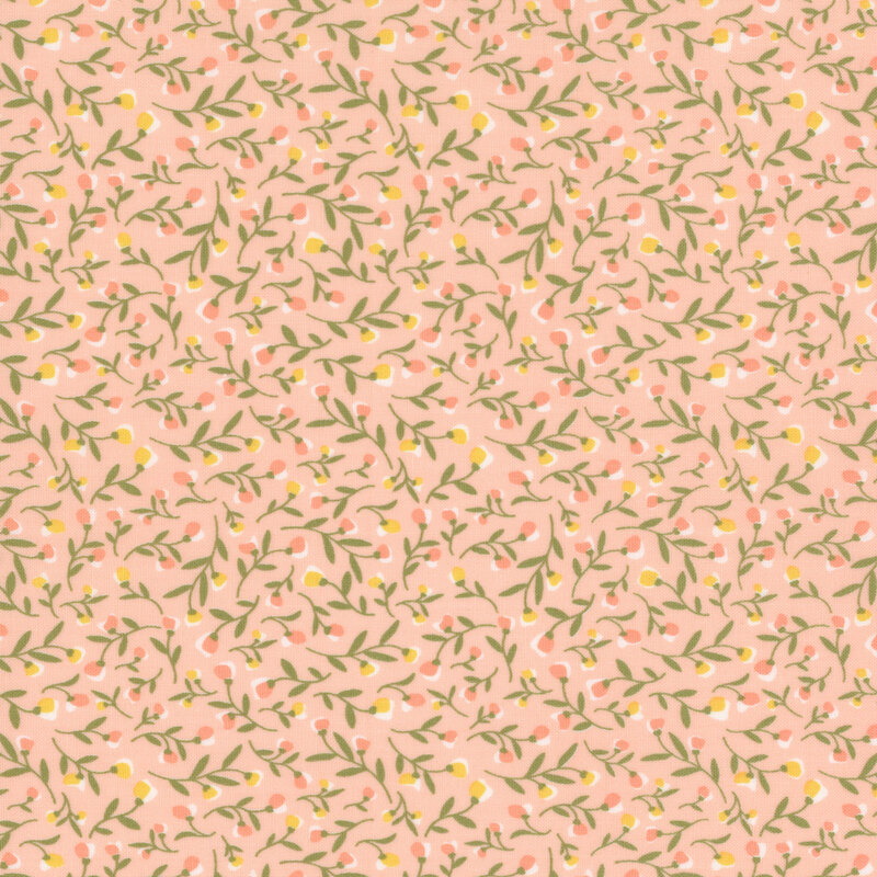 Swatch of light pink fabric with packed pastel flowers