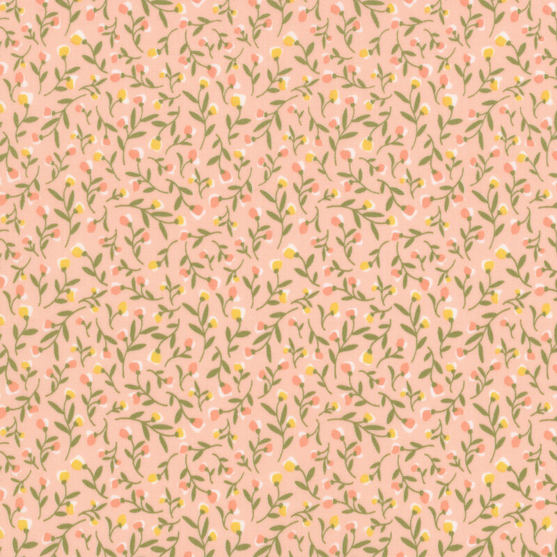 Swatch of light pink fabric with packed pastel flowers