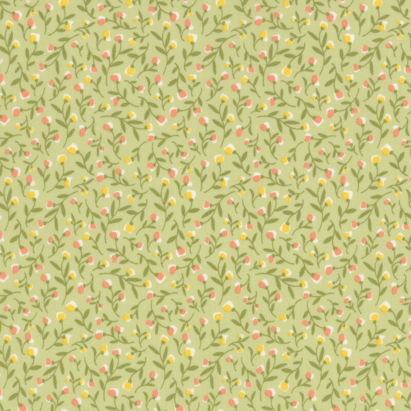 Swatch of light green fabric with packed pastel flowers