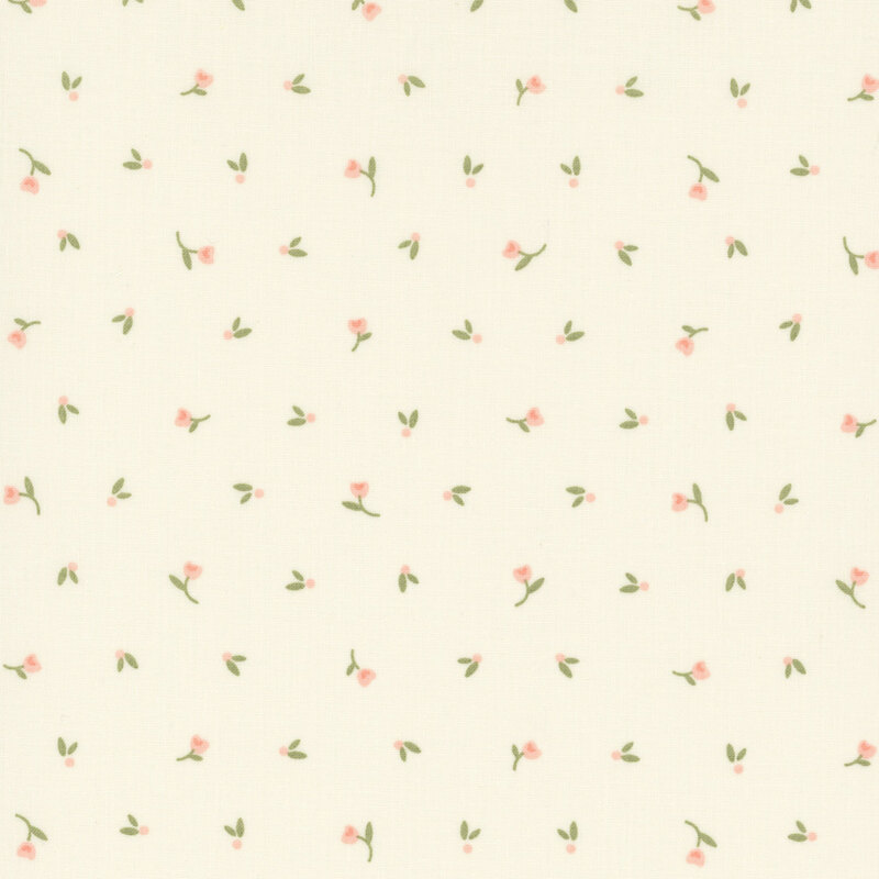 Swatch of warm white fabric with ditsy pastel pink flowers
