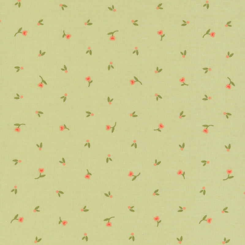 Swatch of light green fabric with ditsy pastel pink flowers