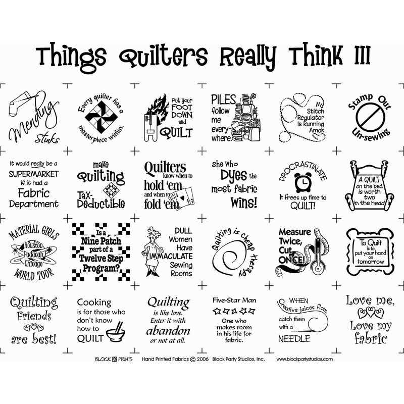 Digital version of the full Things Quilters Really Think III panel, featuring 24 square designs