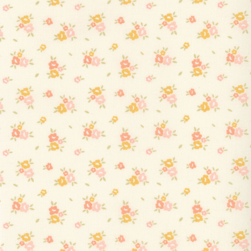 Swatch of off-white fabric with scattered pastel flowers