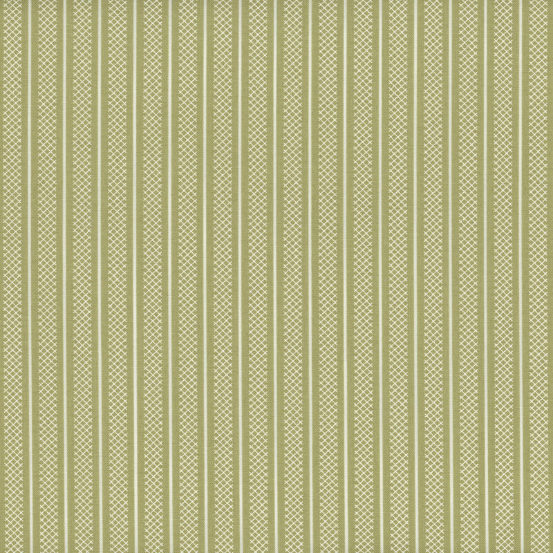Swatch of sage green fabric with thin white stripes and wider white stripes of lattice patterning