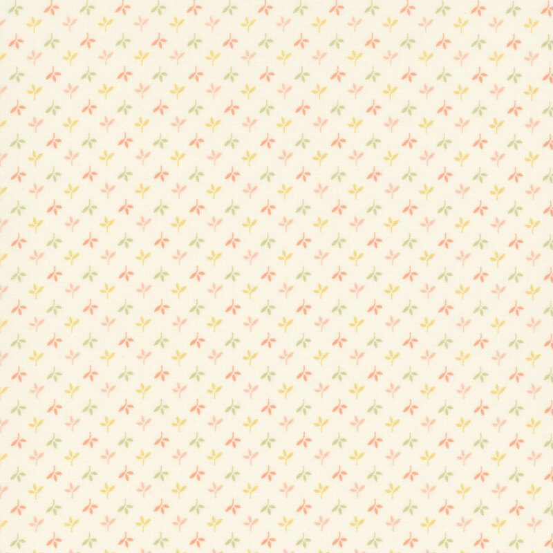 Swatch of off-white fabric with alternating rows of pastel leaves