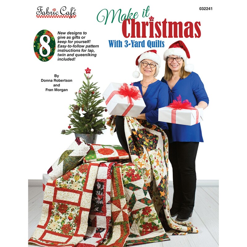 Front of Make It Christmas 3-Yard Quilts pattern book with two smiling people standing beside quilts