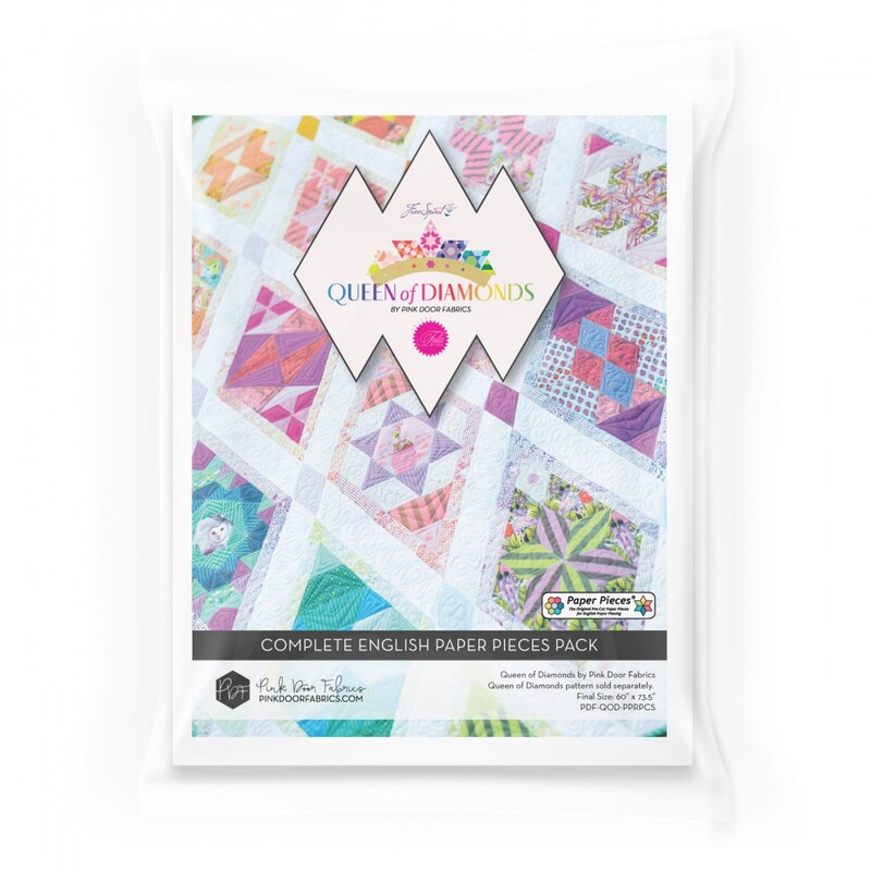 Front of the Queen of Diamonds complete paper pack featuring a colorful finished quilt using a Tula Pink fabric collection