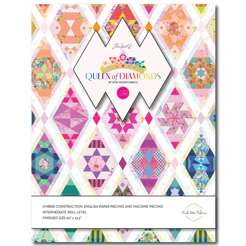 Front of the Queen of Diamonds pattern featuring a colorful digital version of the finished quilt using a Tula Pink fabric collection