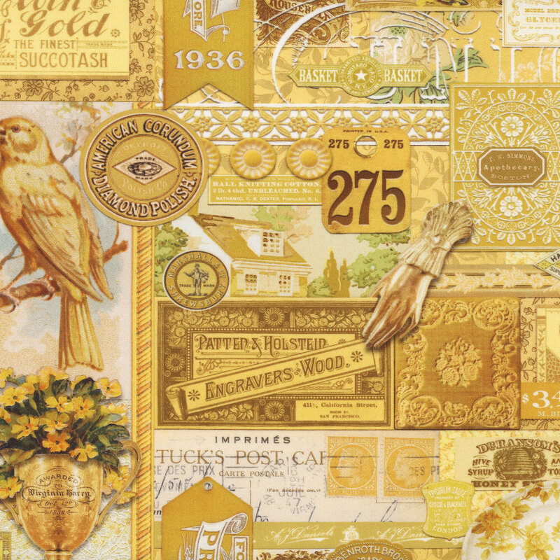 packed yellow fabric that featuring tonal yellow vintage labels, photos, and objects