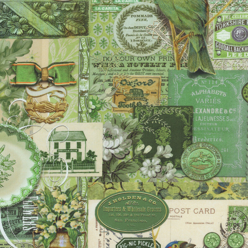 packed green fabric that featuring tonal green vintage labels, photos, and objects